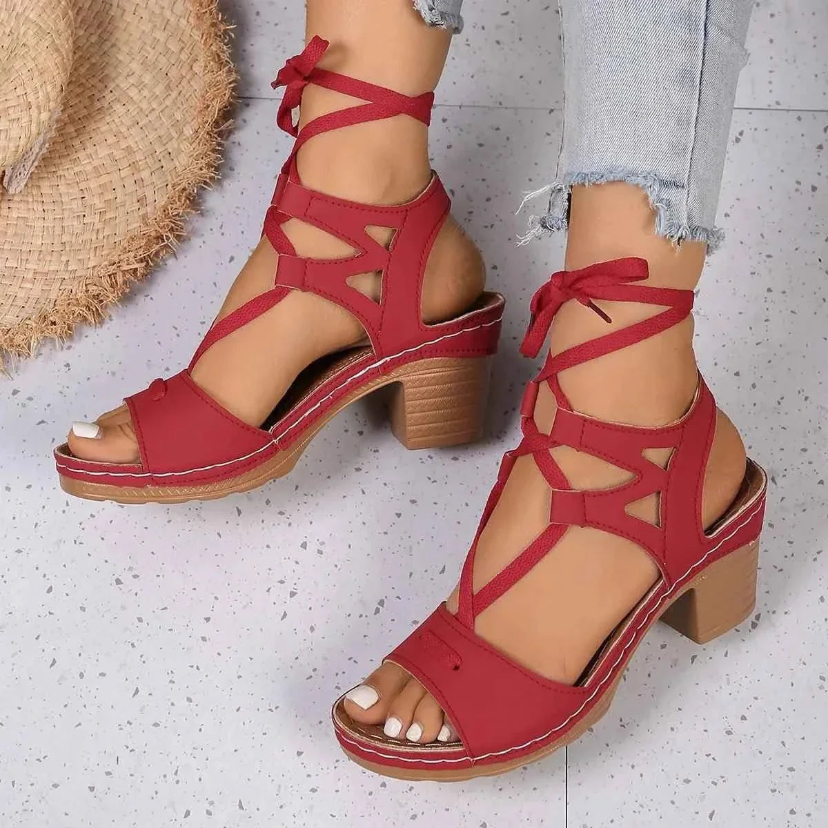 Elegant Heel Block : Lace-Up Sandals
