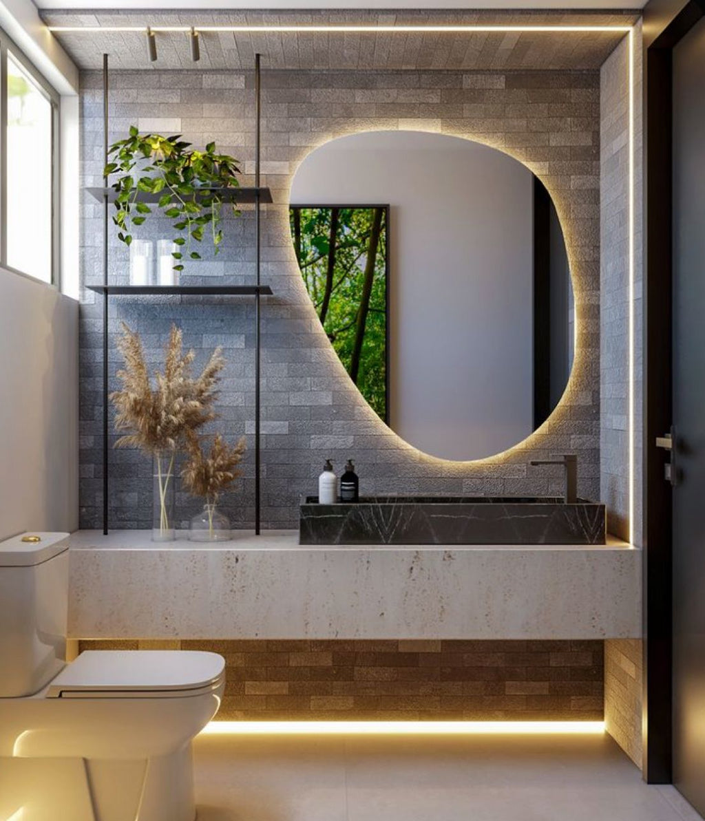LED Wall Mirror – Irregular Organic Shape Lighted Mirror, Modern Boho Wall Decor with Backlit Glow
