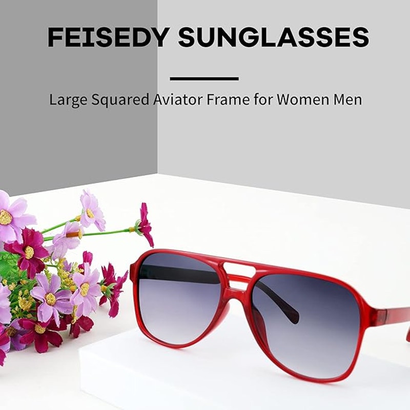 Feisedy Womens Red Plastic Frame Retro 70s UV Protection Aviator Sunglasses