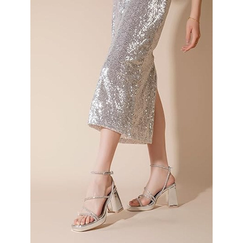 Shoe'N Tale Womens 8 Silver Mirror 4" Platform Heel Open Toe Ankle Strap Shoes