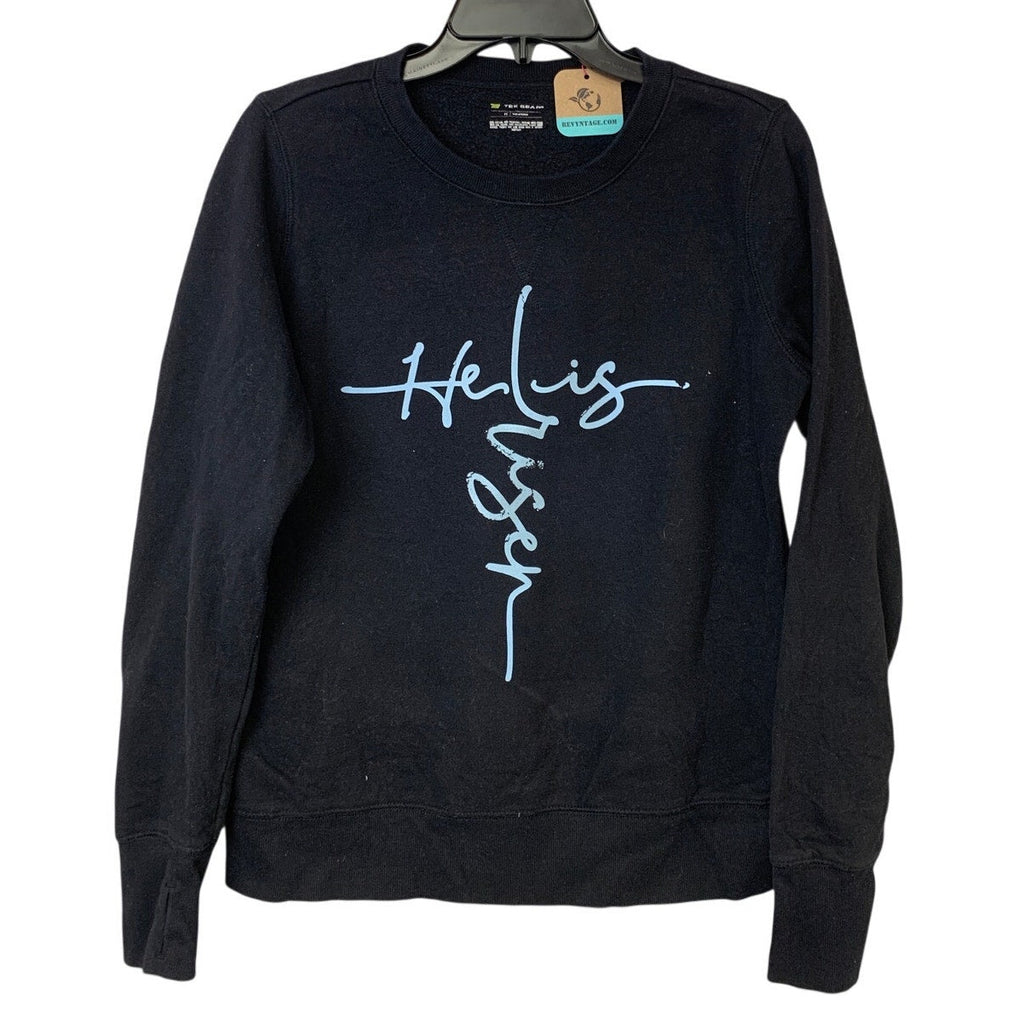 Upcycled Hand Printed Womens Medium He Is Risen Jesus Long Sleeve Sweatshirt