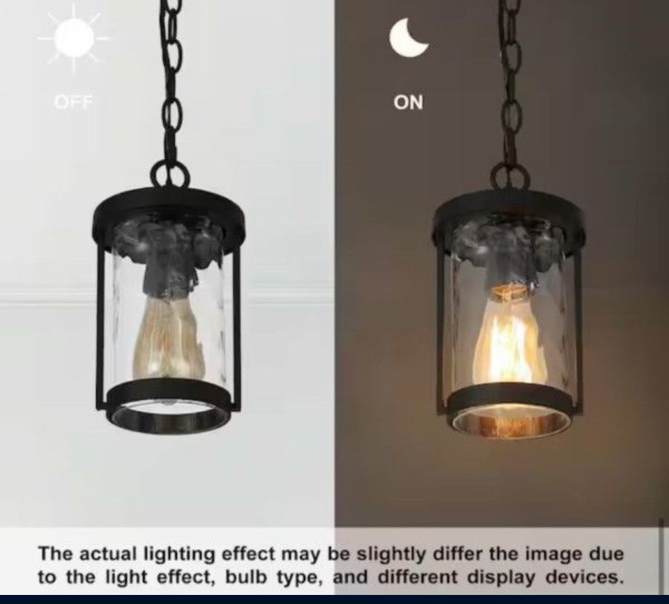 Open Box Uolfin Modern Cylinder Outdoor Porch Pendant Light 1-Light Matte Black Farmhouse Patio Hanging Light with Water Glass Shaded
