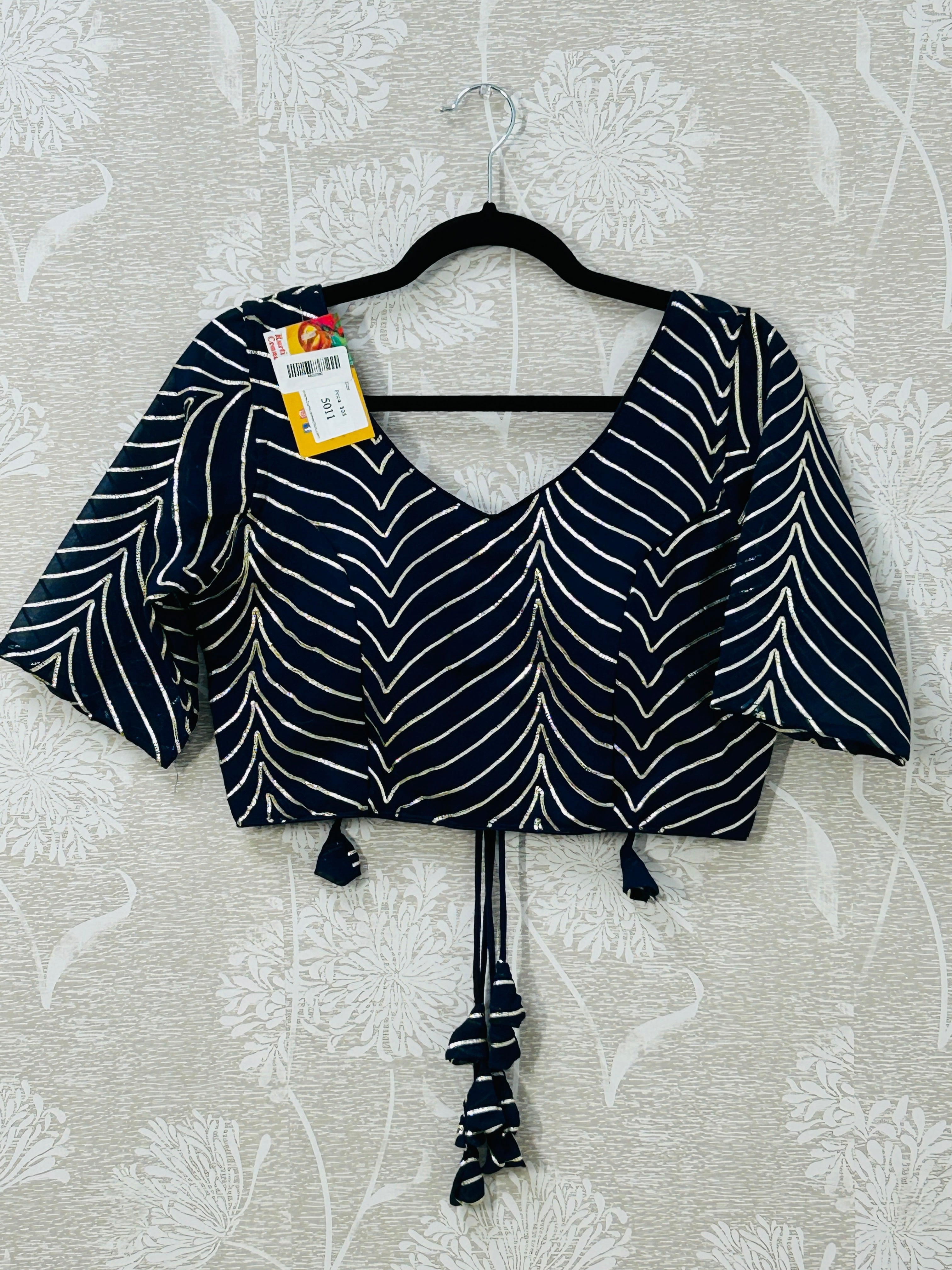 Dark blue chiffon blouse with goat Patti work
