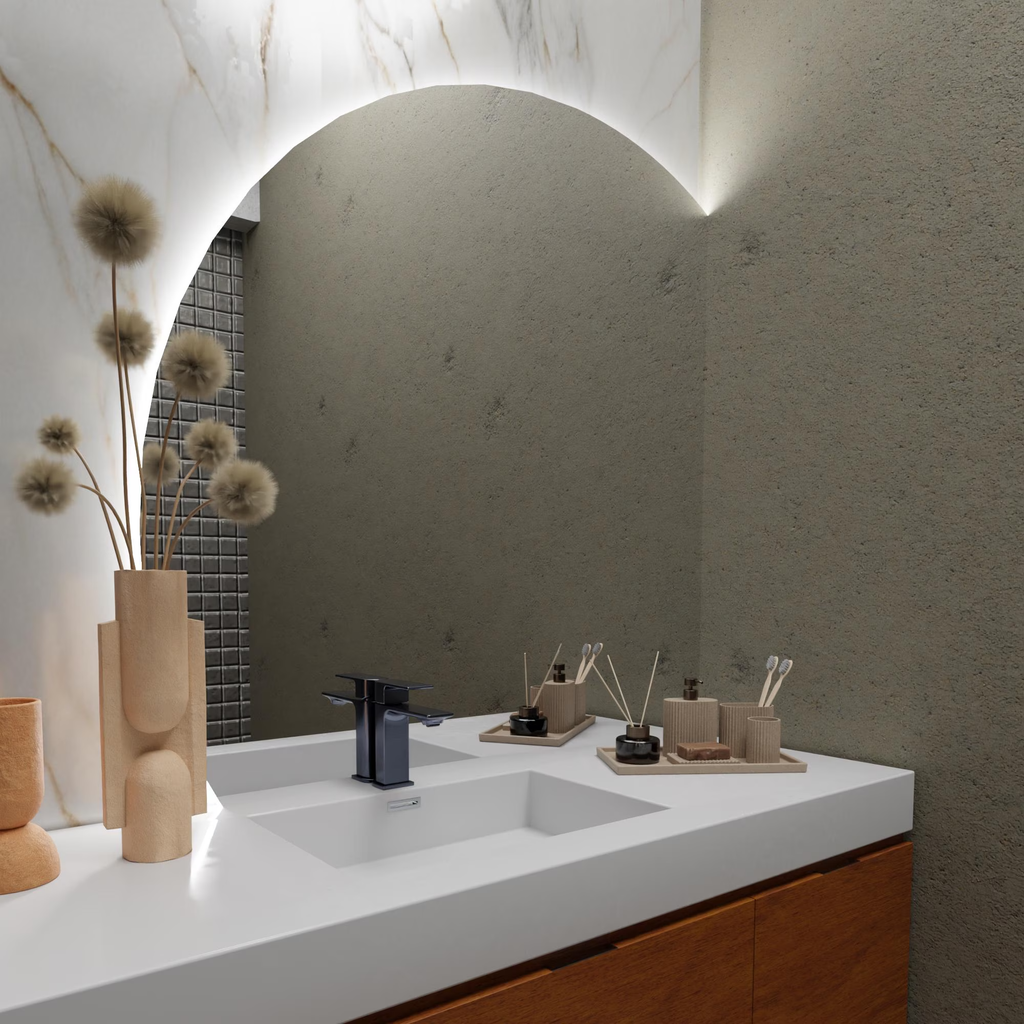 Modern LED Bathroom Mirror – Half Circle Backlit Wall Mirror with Touch Control, Warm & Cool Lighted Vanity Mirror