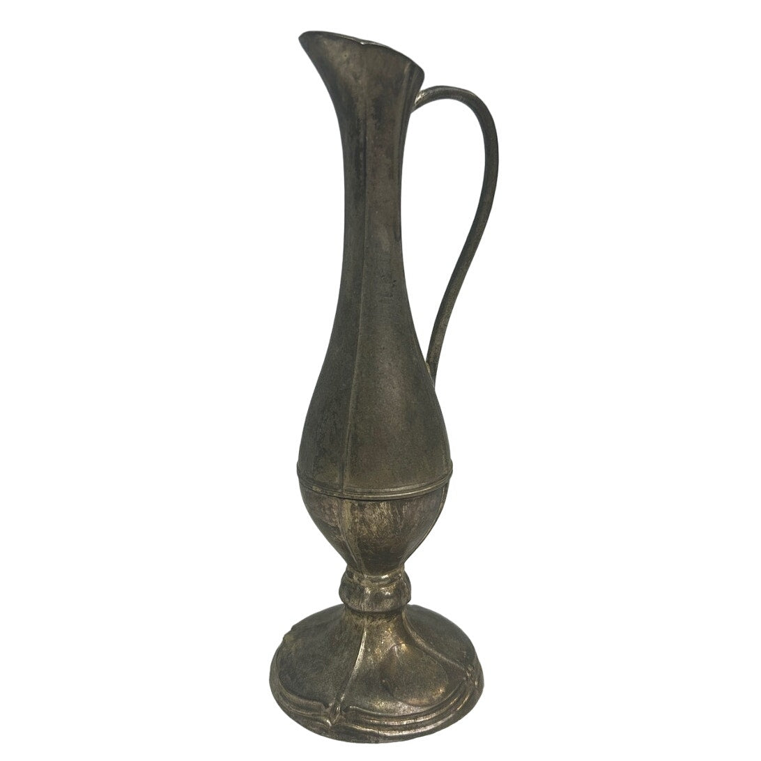 Vintage Silver Plated Tarnished Patina Scrollwork Bud Vase Mini Pitcher w Handle