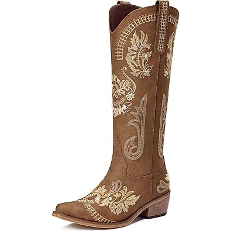 Womens Size 8.5 Brown Faux Leather Wide Calf Knee High 2" Heel Cowboy Boots