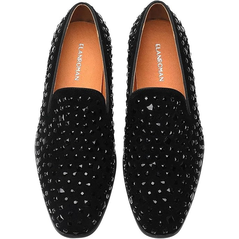 New Elanroman Mens Size 10 Black Rhinestone Tuxedo Slip On Wedding Loafer Shoes