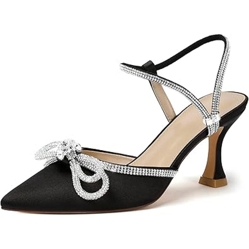 Susanny Womens Size 7.5 Black Silver Close Toe Shiny Ankle Strap 3.5" Heel Shoes