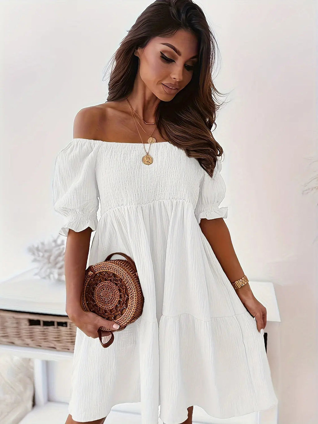Full Size Ruffled Off Shoulder Short Sleeve Dress