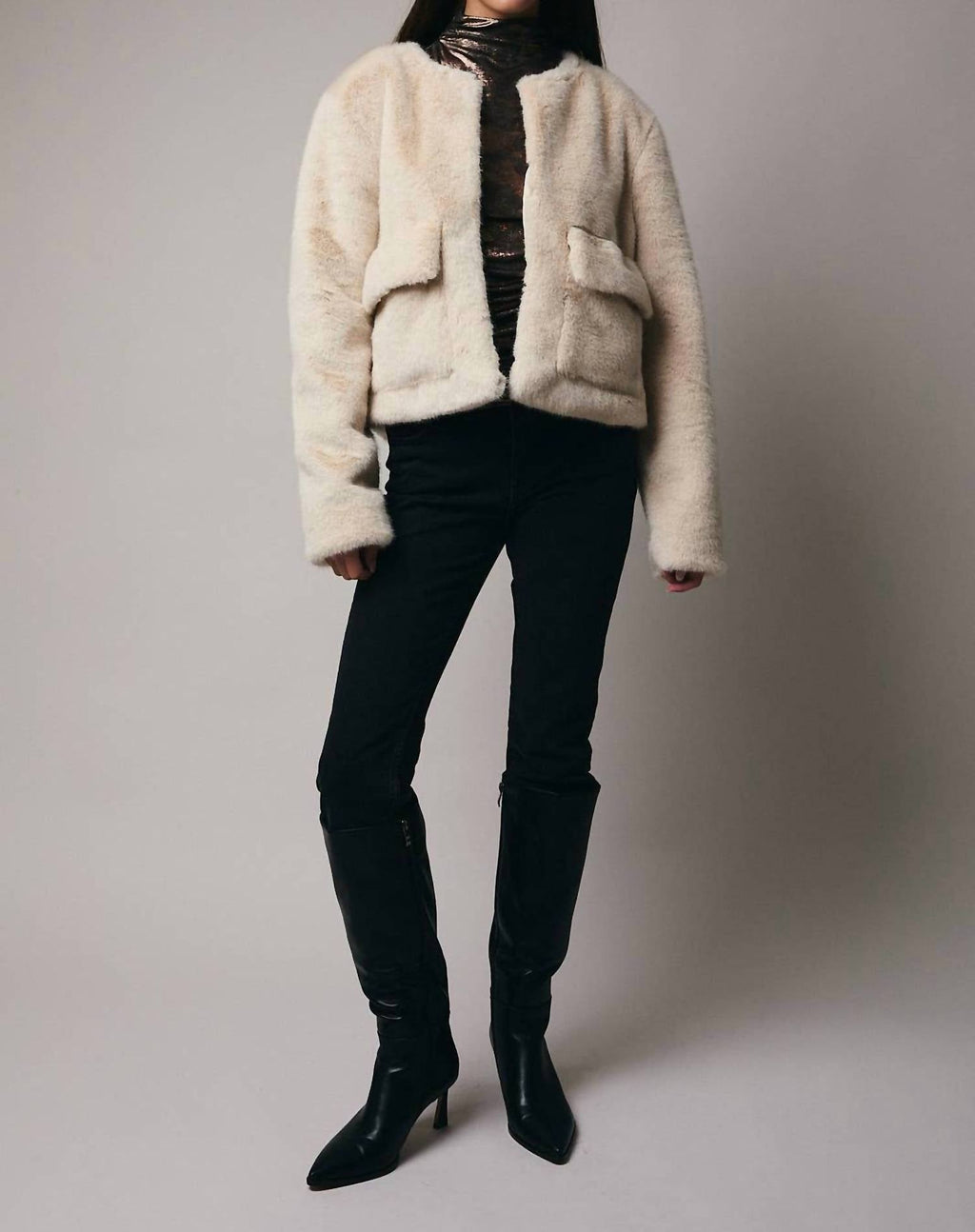 Cropped Long Sleeve Fur Coat