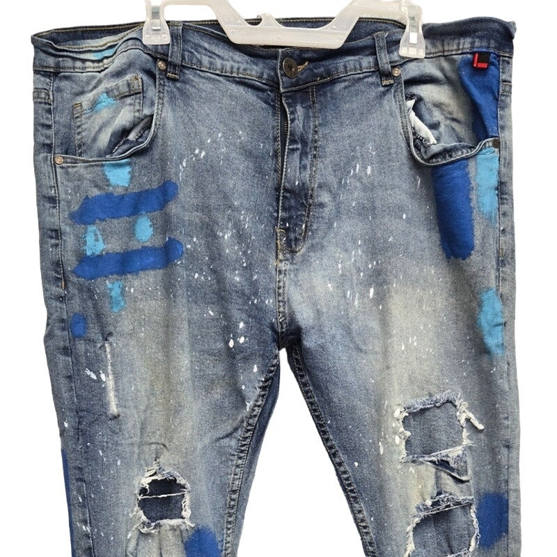 Fubu Mens 42 Factory Whiskered Factory Faded Splattered and Painted Denim Jeans