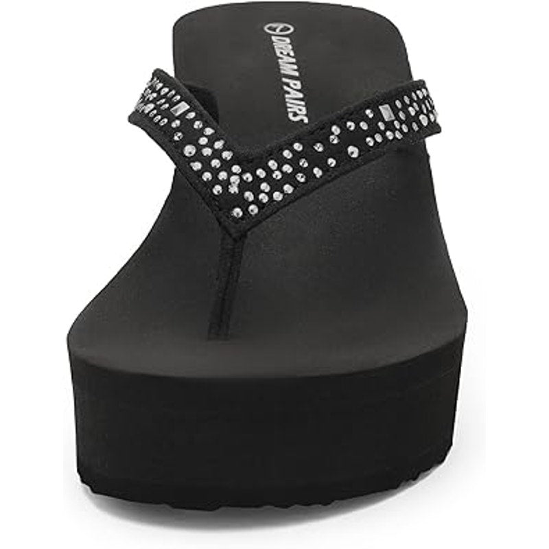 Dream Pairs Womens Size 7 Black Silver Sparkle Platform Flip Flop Sandals Shoes