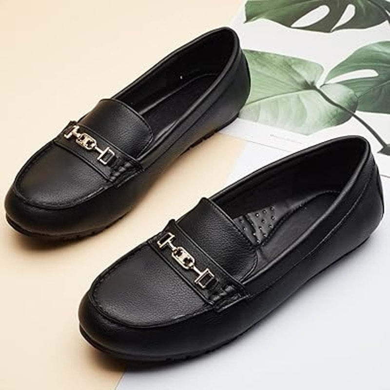 DeYashopin Womens Size 7 Black Faux Leather Gold Buckle Slip On Loafer Shoes
