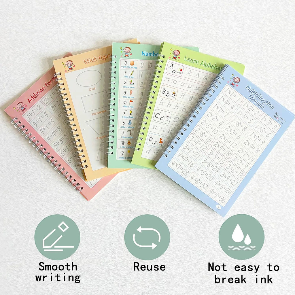Magic Groove Handwriting Practice Copybook, Reusable A5 Learning Notebook for Kids, 5 Books with 2 Pens