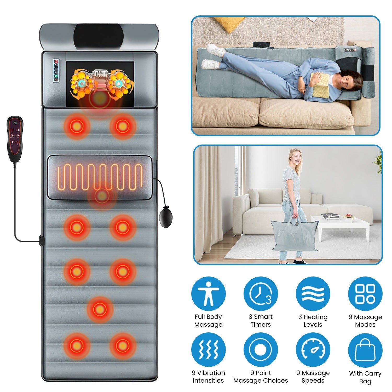 Full Body Electric Massage Mat with Heat Vibration Massage Pad Cushion Back Massage Mattress Chair Pad with Neck Massager Lumbar Pillow with 10 Vibrat