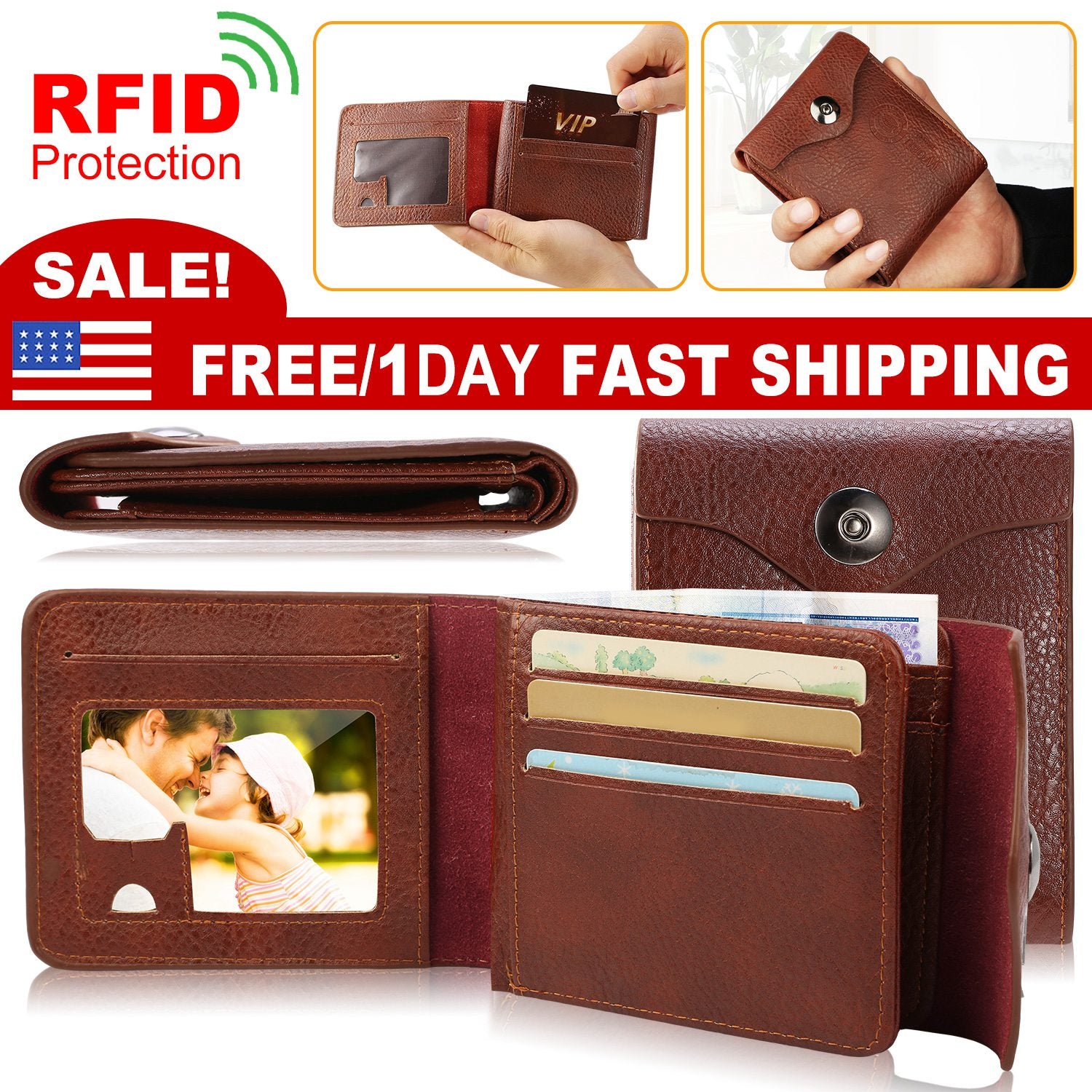 Men’s Wallet PU Leather Bifold Purse Slim RFID Blocking Card Holder Cases w/ 2 ID Window Coin Pocket