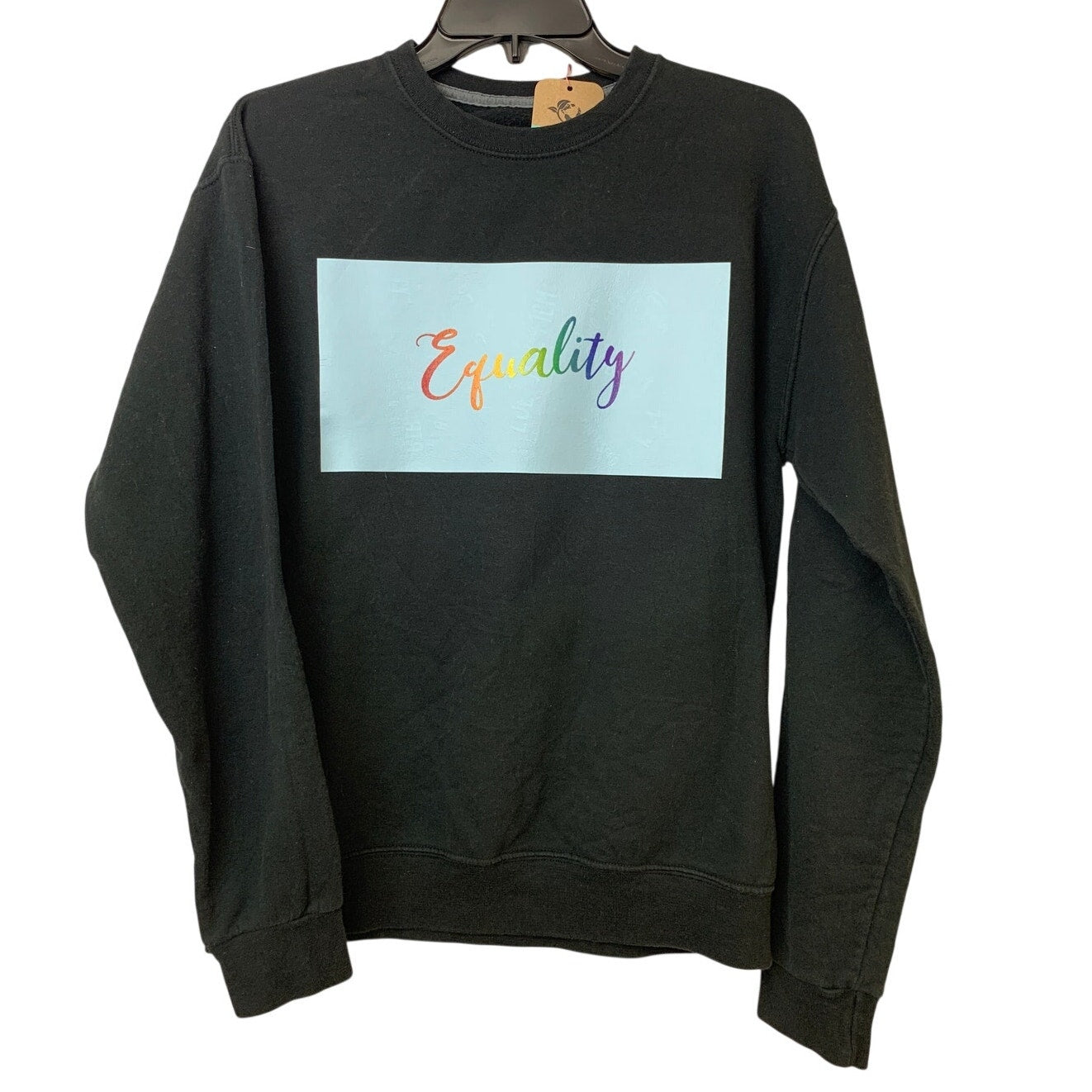 Upcycled Hand Printed Mens Medium Equality Pride Rainbow Crew Neck Sweatshirt