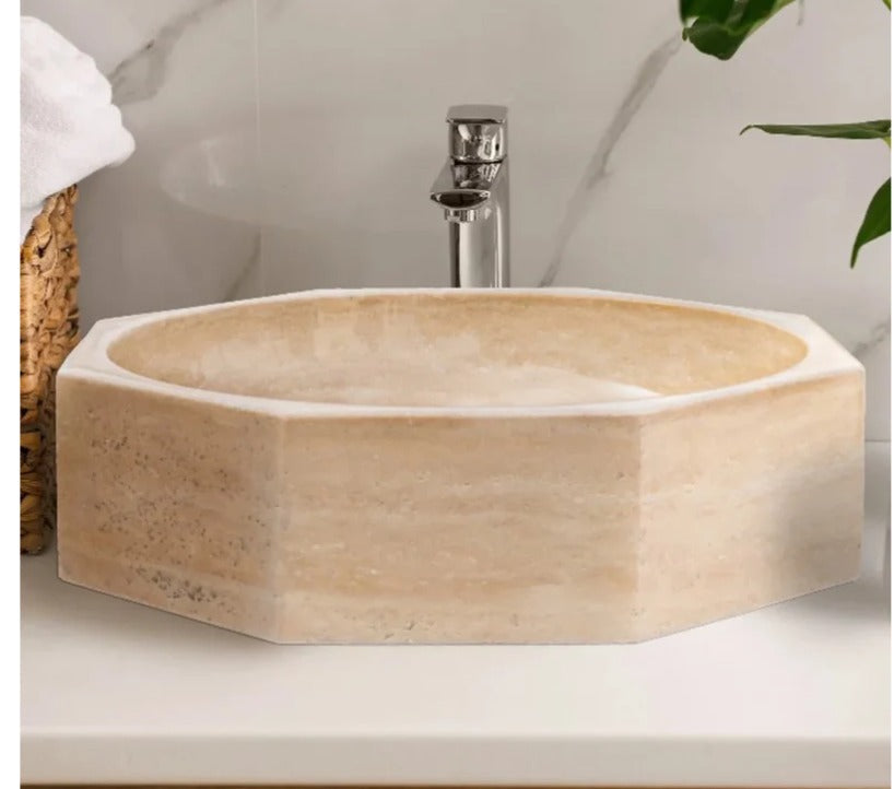Travertine Vessel Sink | Octagon Natural Stone Bathroom Basin | Luxury Beige Marble Sink