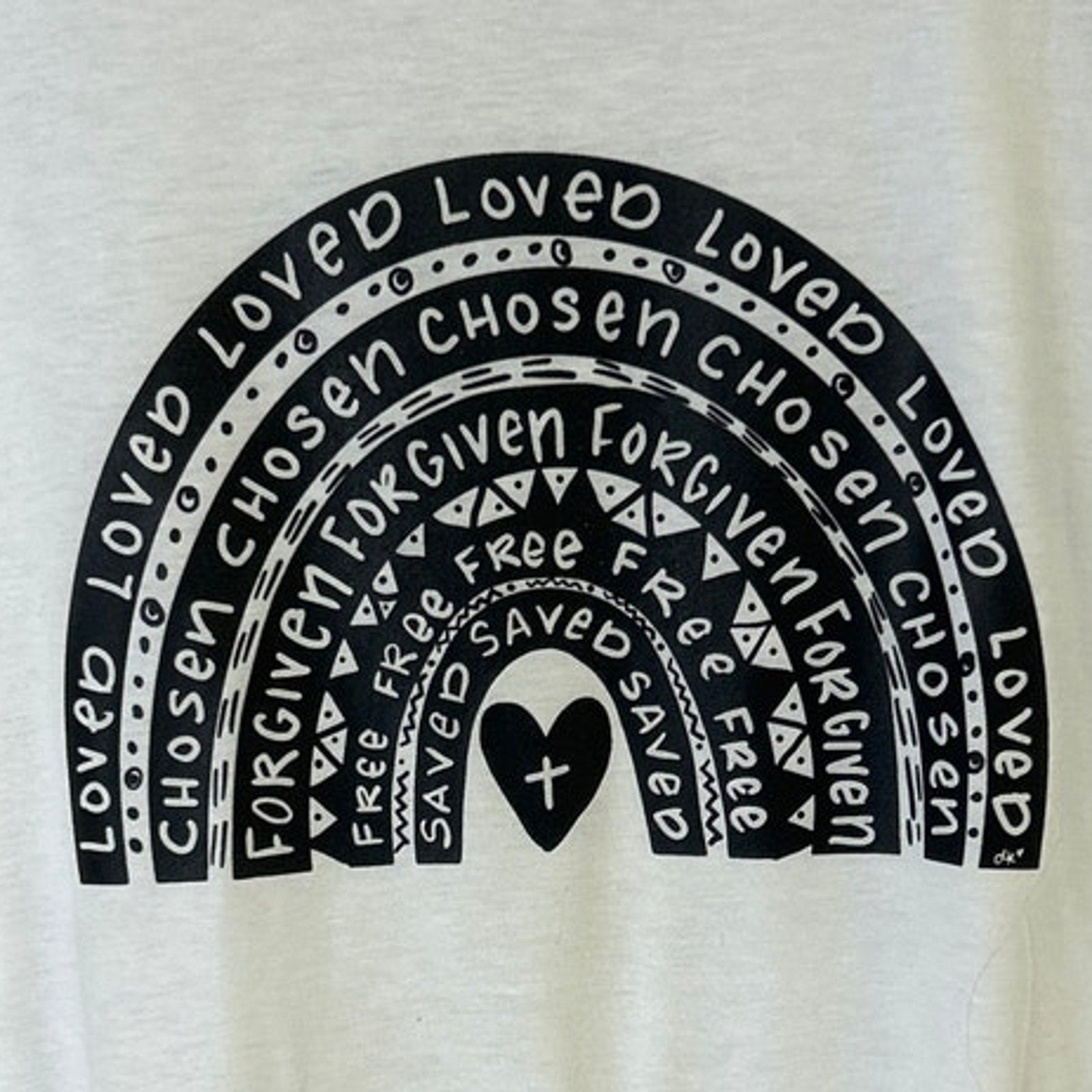 New Hand Printed Womens Large Jesus Loved Chosen Forgiven Free Rainbow Tee Shirt