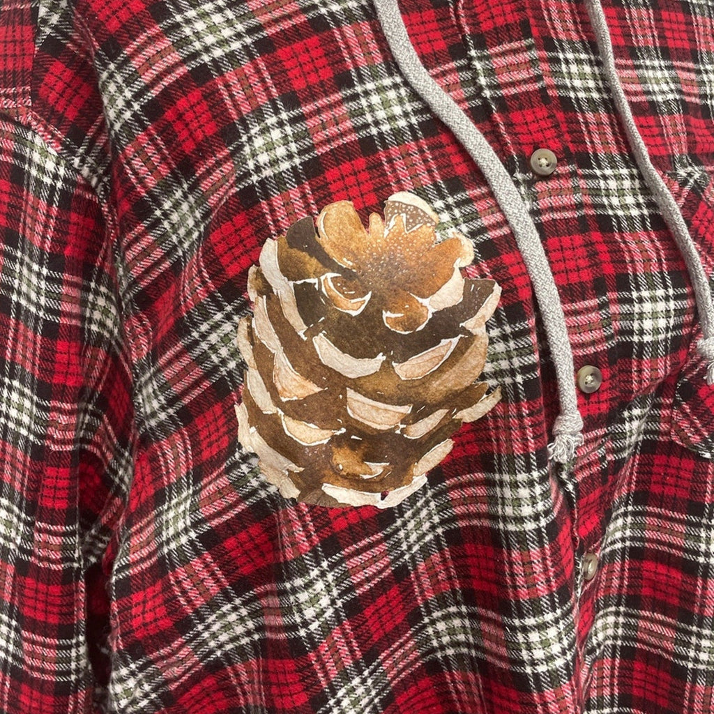 New Hand Printed Womens Medium Rustic Pine Cone Long Sleeve Plaid Flannel Hoodie