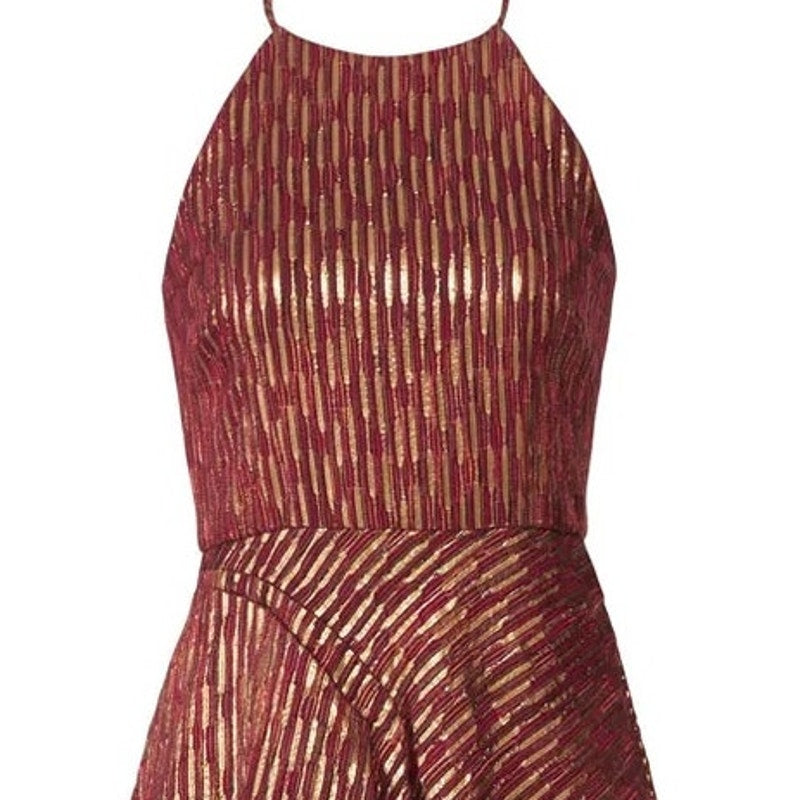 Badgley Mischka Size 10 Ruby Metallic Gold Hi Low Leg Slit Halter Dress Gown