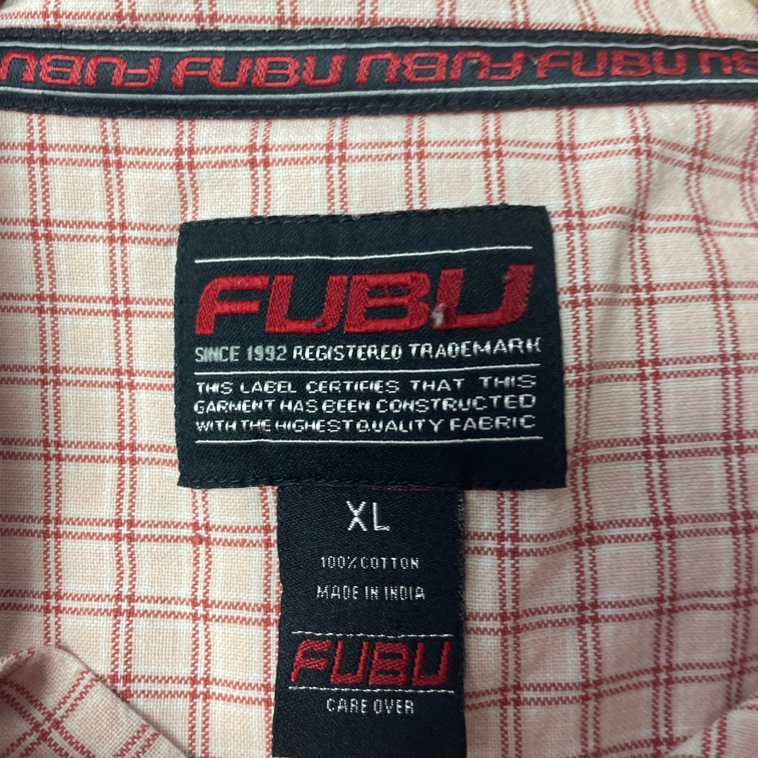 Vintage 1990s FUBU Mens XL Short Sleeve Cotton Blend Button Up Shirt Small Hole