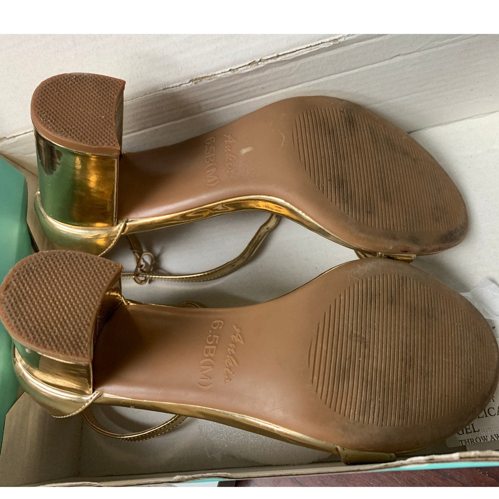 Ankis Womens Size 6.5 Gold Chunky Heel Open Toe Ankle Strap 2.75" Sandals Shoes
