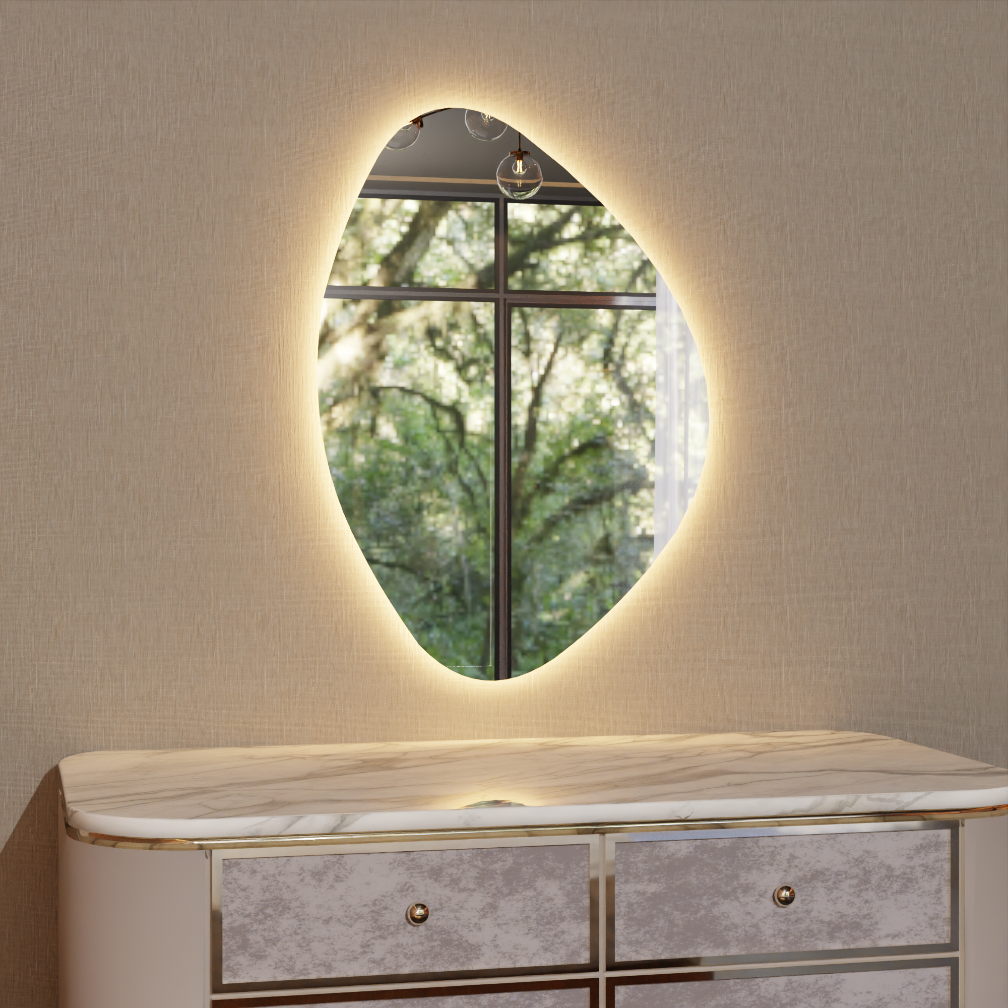 LED Bathroom Mirror – Asymmetrical Backlit Wall Mirror with Touch Control, Modern Lighted Vanity Mirror Warm & Cool LED
