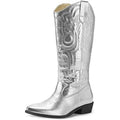 Mysoft Womens Size 7 Shiny Silver Mid Calf 1.5" Chunk Heel Cowgirl Western Boots