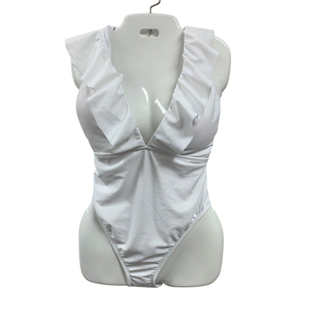 New Shade & Shore Womens XL Cheeky Low V Ruffled Solid White 1PC Swim Suit