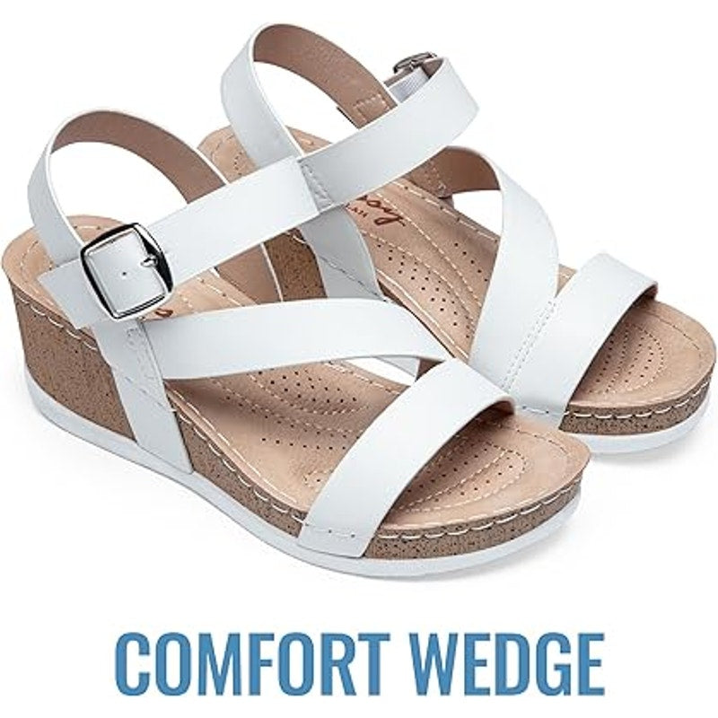 Jeossy Womens Size 10 White Faux Leather Comfort Platform Wedge Sandals Shoes