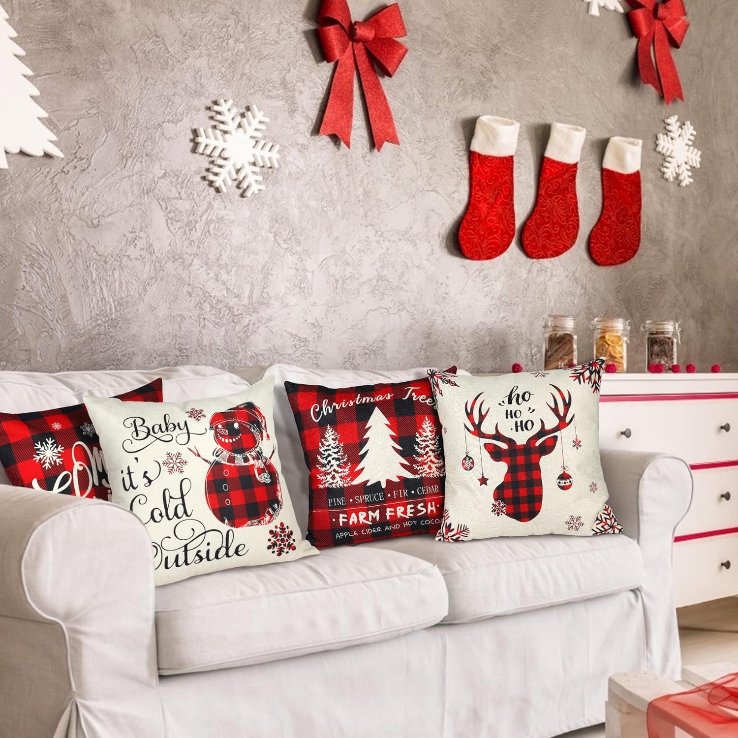 Christmas Pillow Covers 18×18 Inch Set of 4 Farmhouse Deer Pillowcase Black and Red Plaid Linen Throw Pillow Covers for Sofa Couch Christmas Decorations Cushion Pillow Case for Holiday Decor
