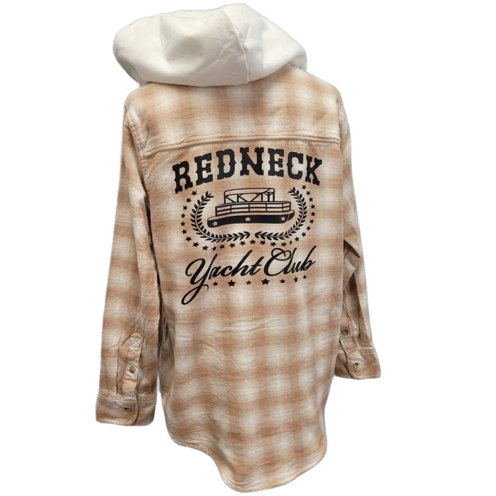New Hand Printed Womens XL Redneck Yacht Club Long Sleeve Flannel Hoodie
