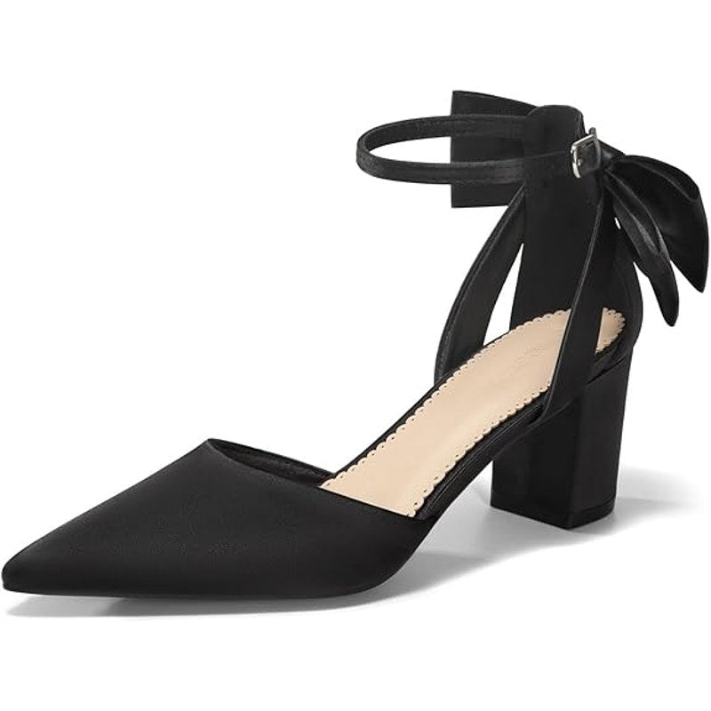 Coutgo Womens 8 Black 2.5" Chunky Heel Pointed Toe Ankle Strap Back Bow Shoes