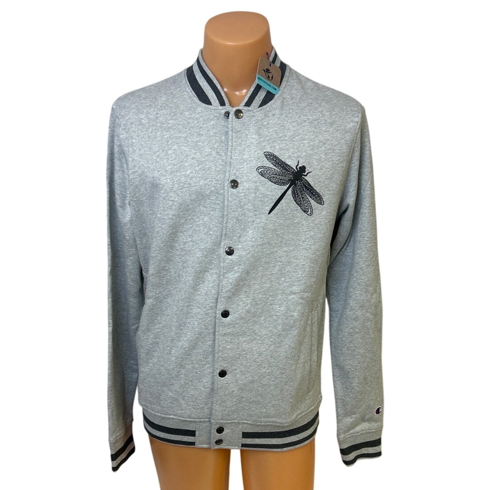 New Champion Unisex XL Gray Snap Up Hand Printed Dragonfly Bomber Jacket