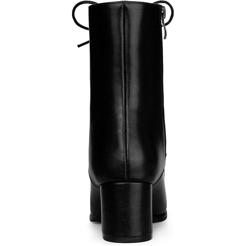 New Allegra K Womens Size 7 Black Faux Leather Lace Up 2.25" Chunky Heel Boots