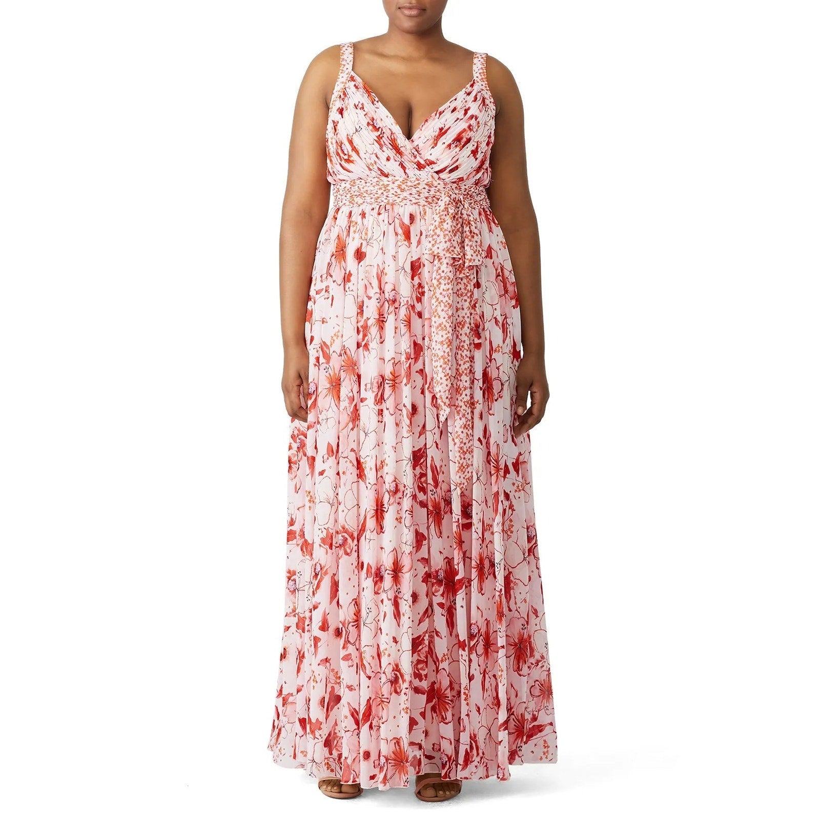 Badgley Mischka Size 14 Pink Floral Cris Cross Back Deep V Flowy Maxi Dress Gown