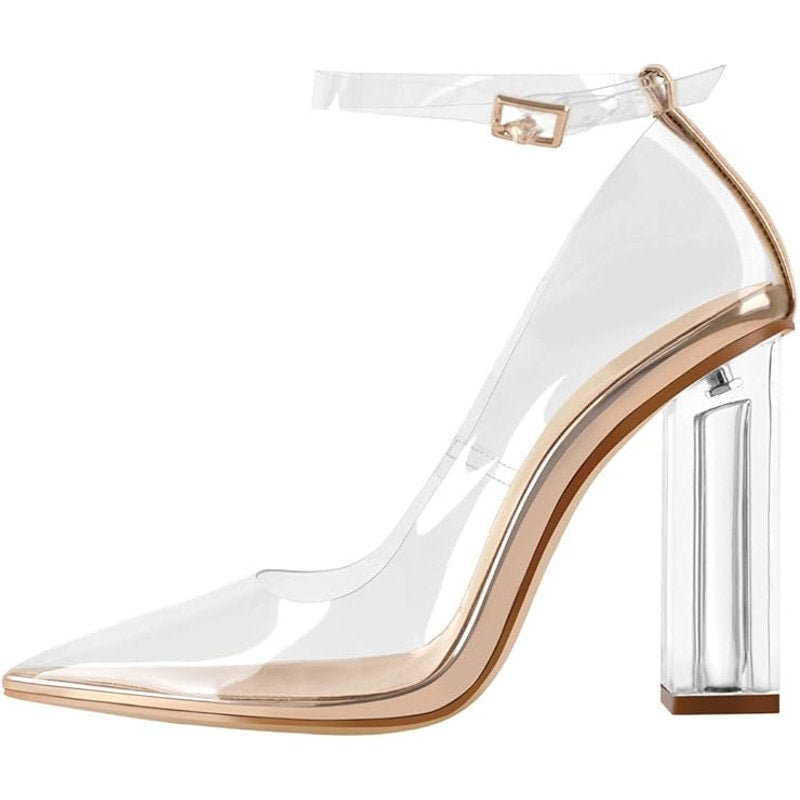 Richealnana Womens Size 9 Clear 4" Heel  Closed Pointed Toe Ankle Strap Shoes