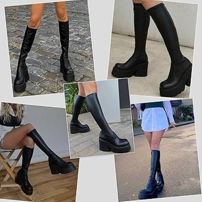 Aminugal Womens Size 10 Black Faux Leather Elastic Knee High Platform Boot Shoes