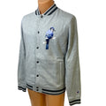New Champion Mens Large Gray Snap Up Hand Printed Blue Jay Bird Bomber Jacket