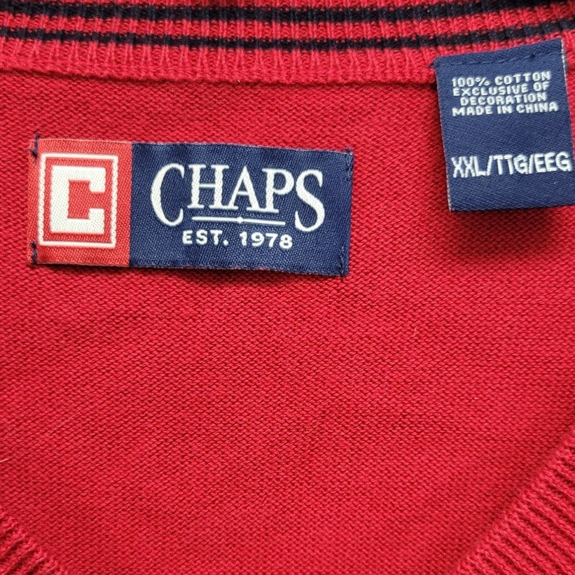 Chaps Mens XXL Red Navy 100% Cotton Sleeveless V Neck Knit Sweater Vest