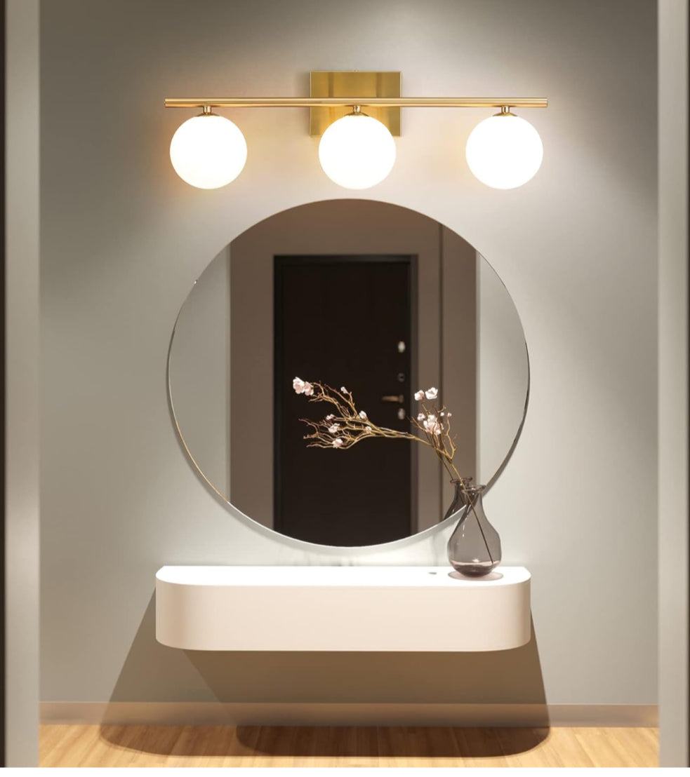 Gold Bathroom Vanity Light Fixtures,3 Lights Brass Milk White Globe