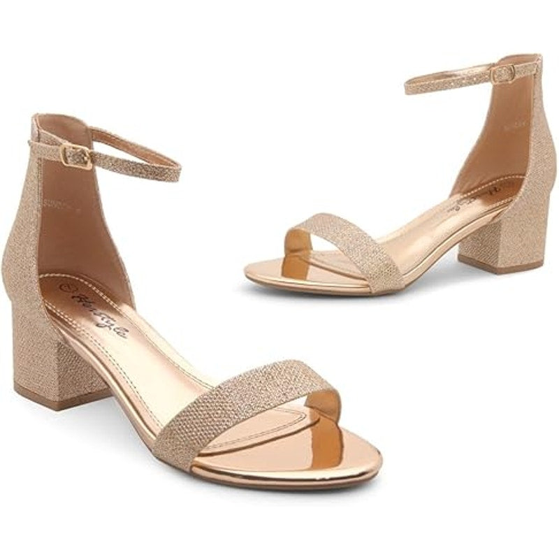 New Herstyle Womens 9 Rose Gold Glitter Open Toe 2.25" Heel Ankle Strap Shoes