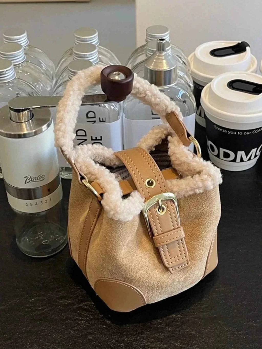 Fuzzy Trim Bucket : Crossbody Bag