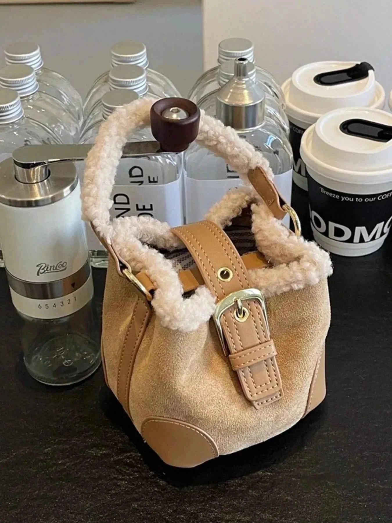 Fuzzy Trim Bucket : Crossbody Bag