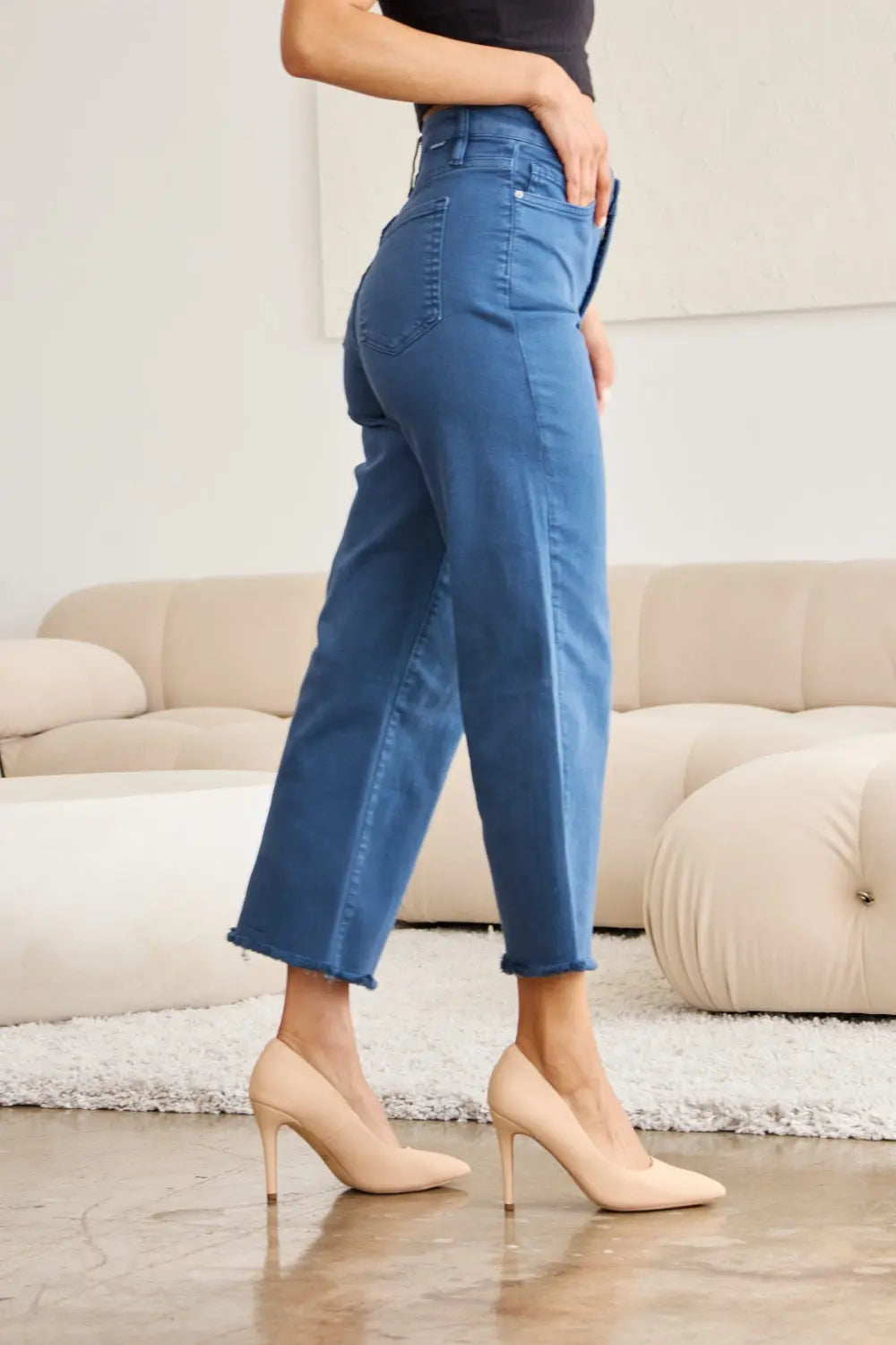 RFM Crop Full Size Tummy Control High Waist Raw Hem Jeans