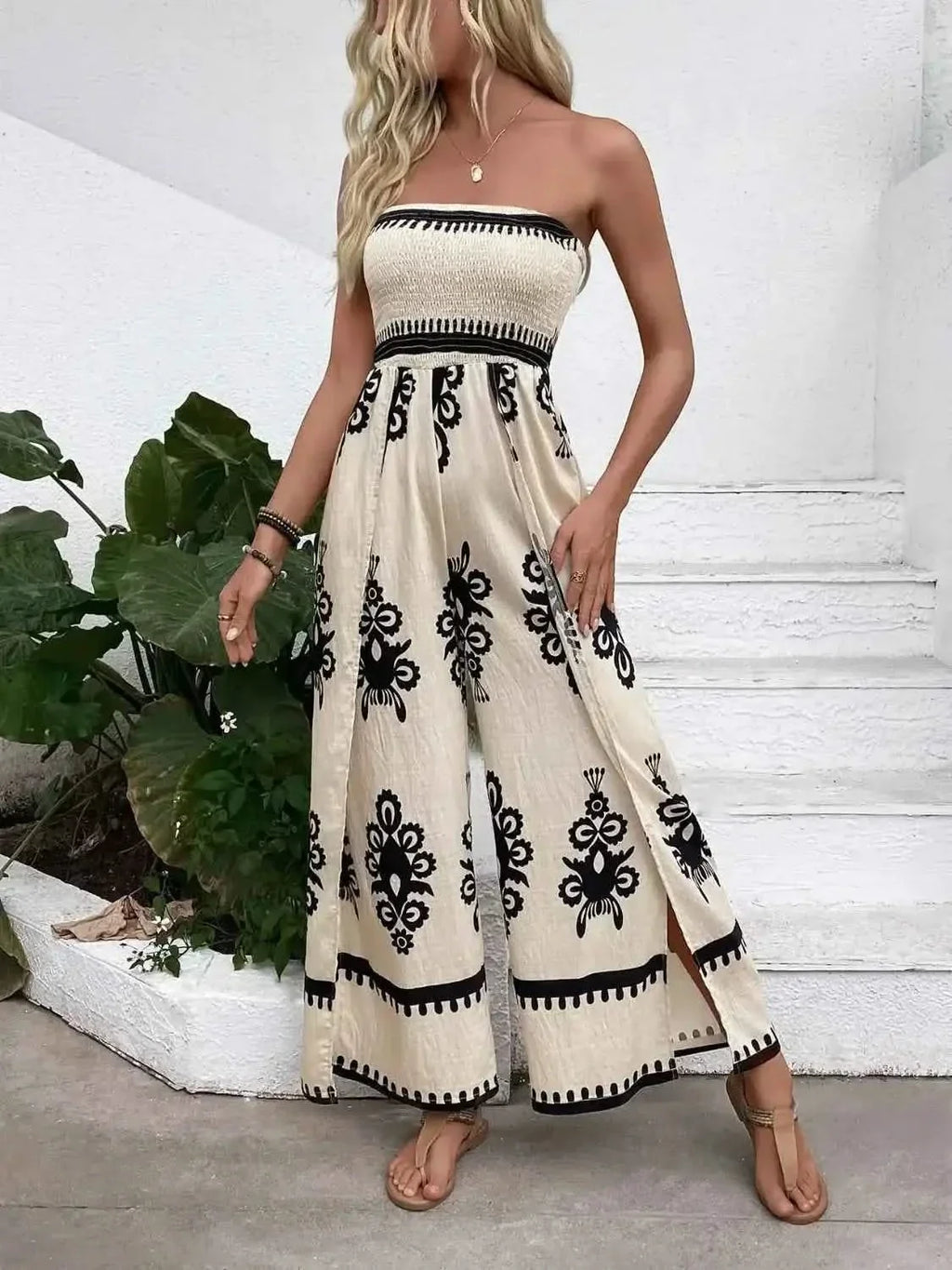 Smocked Printed : Wide Leg Jumpsuit