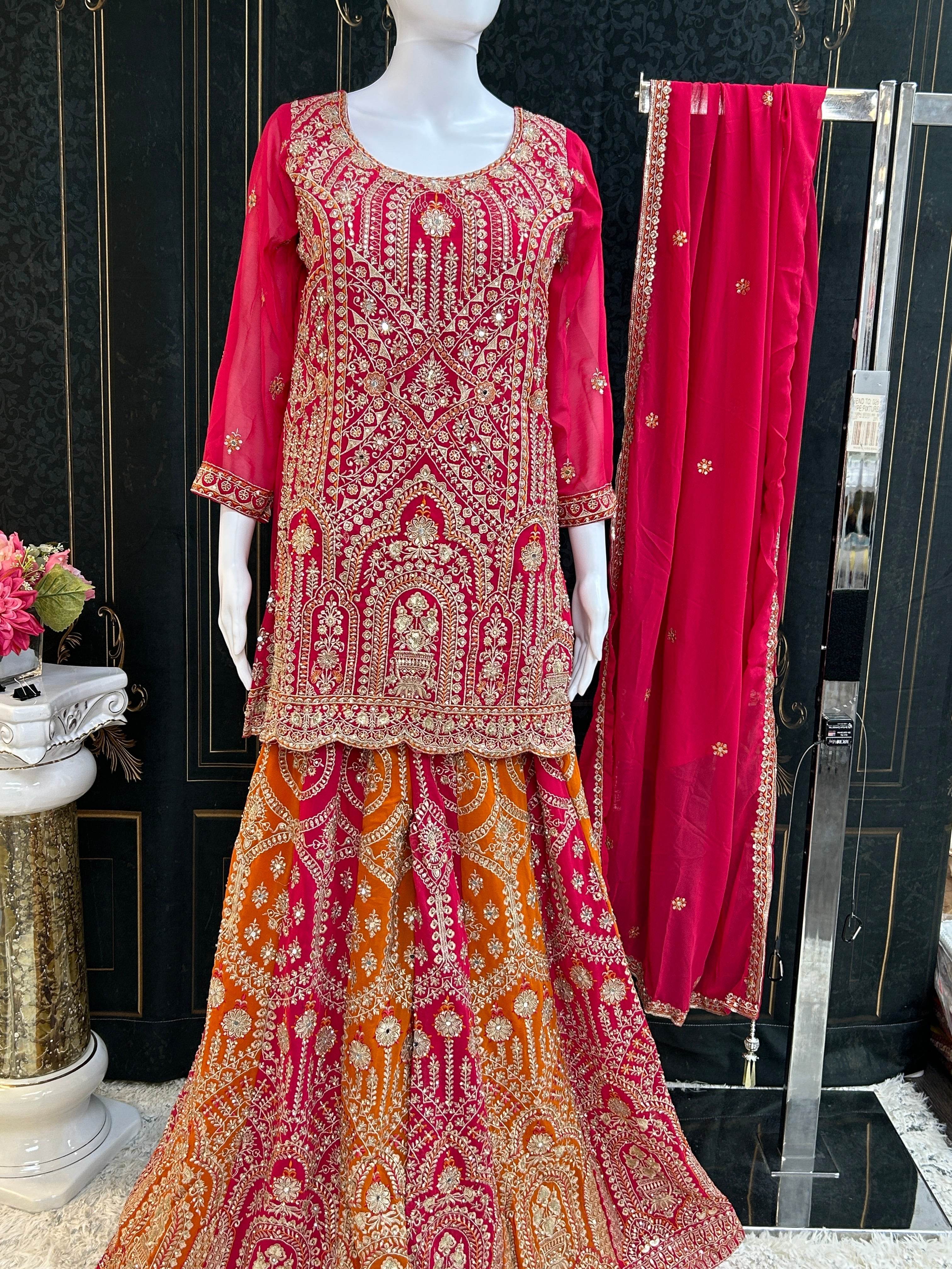Dark pink sharara suit with heavy work