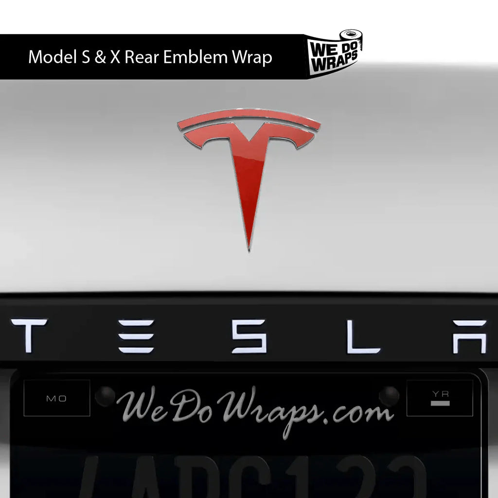 3M Gloss Dragon Fire Red Tesla Emblem Decals (Front + Back) | Model S