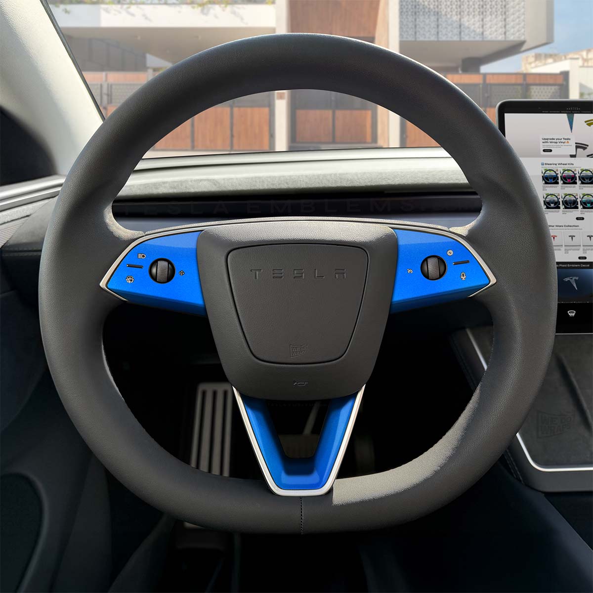 3M Gloss Fire Blue Tesla Steering Wheel Trim Decal Kit (3pcs) | MY 2026+ Refresh